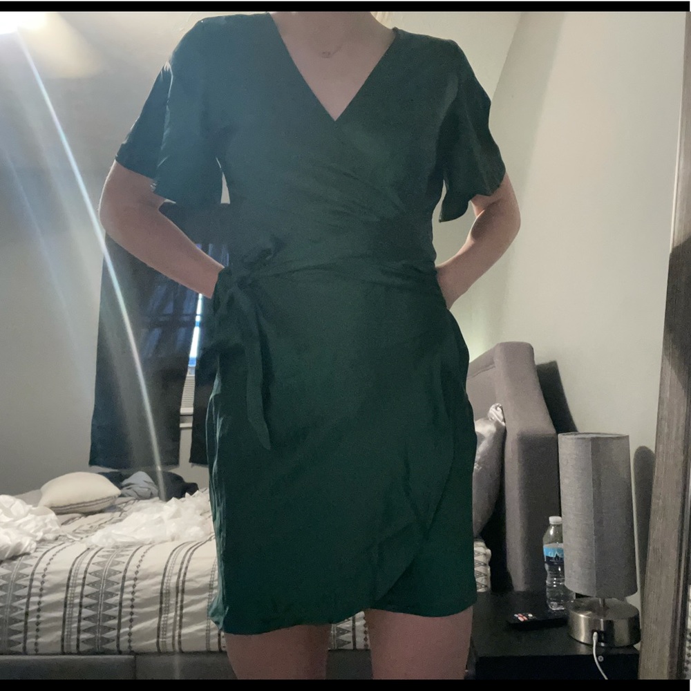 Green silky wrap dress